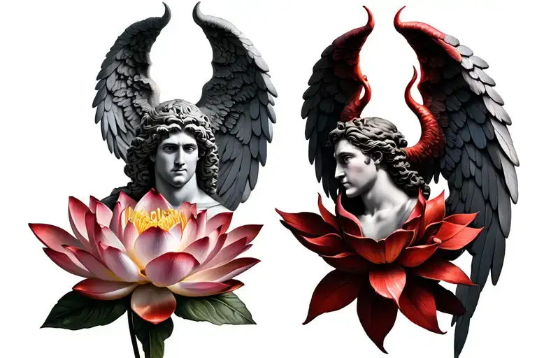 Roman god, lotus flower, angel and devil, 1111 tattoo design idea