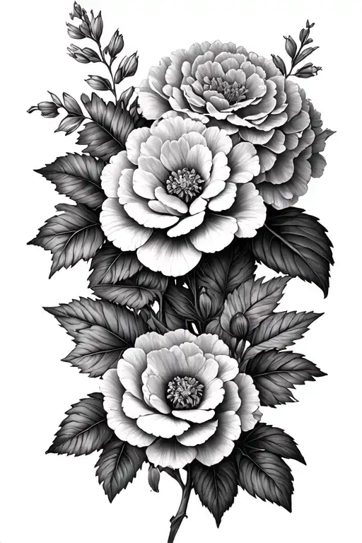hydrangea ranunculus and delphinium flowers tattoo design idea