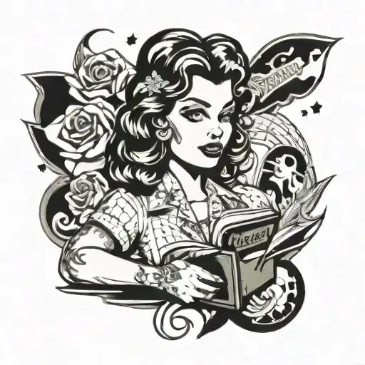create a traditional pin up tattoo style in old school design, with stylish clothes and a book, white background tattoo design idea