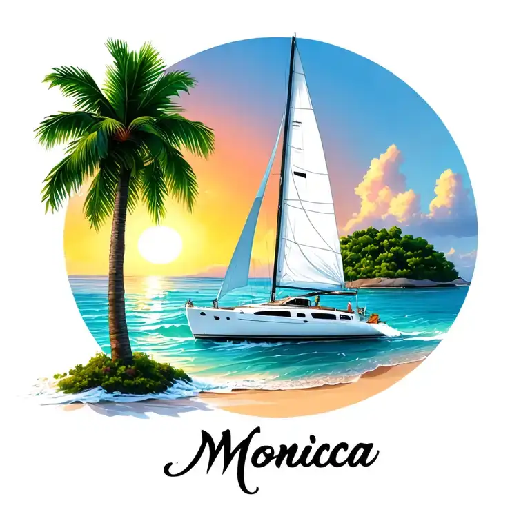 "Monica" "Monica" "Monica" "Monica" "Monica" "Monica" "Monica" "Monica" white catamaran sailing, sunrise, small island palm, ocean beach outside of circle at bottom tattoo design idea