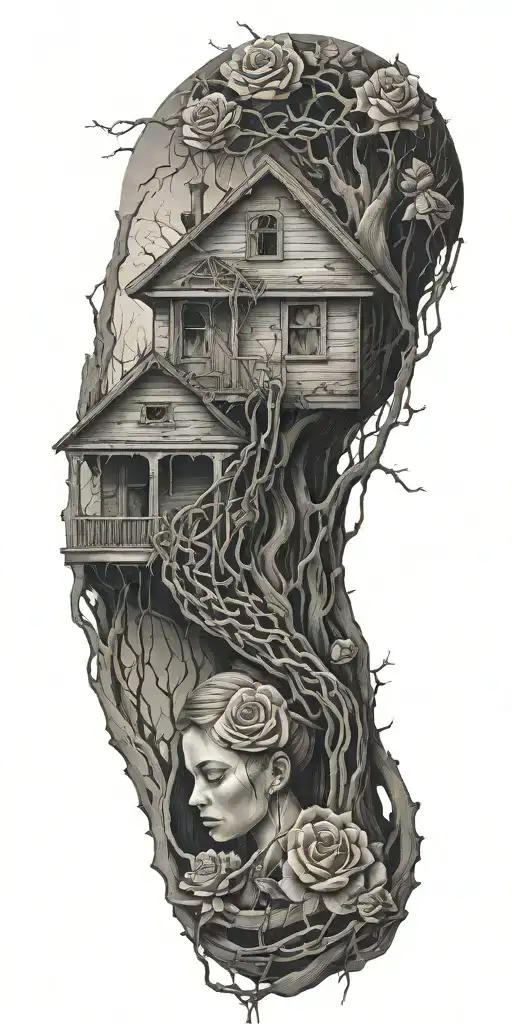 girl,abandoned broken home, tree roots from the chains, roses tattoo design idea
