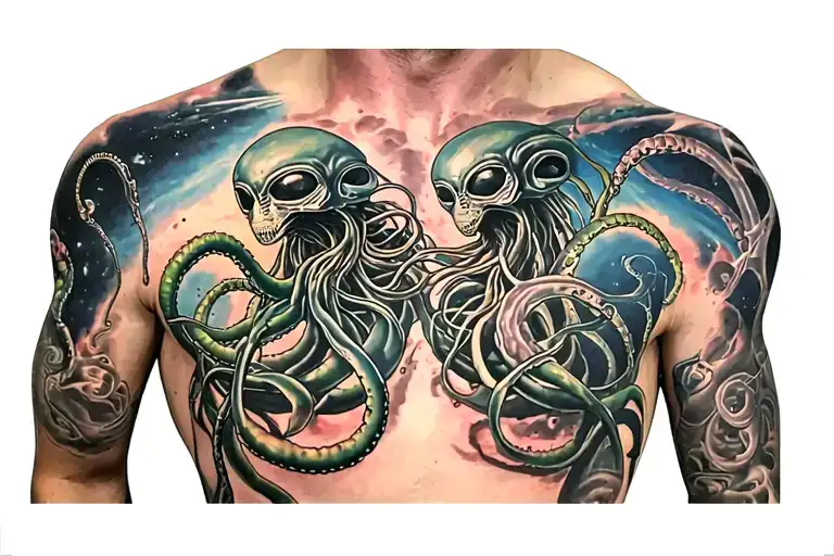 a shoulder-to-shoulder realistic tattoo on the chest with alien's tentacles and pneumatic tubes interweaving in space  tattoo design idea