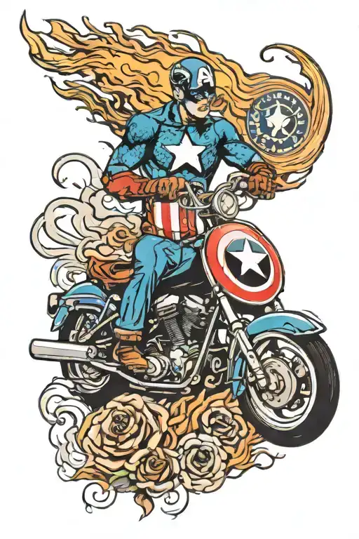 a sleeve with a motorcycle captain america shield welding gun flames and skulls tattoo design idea
