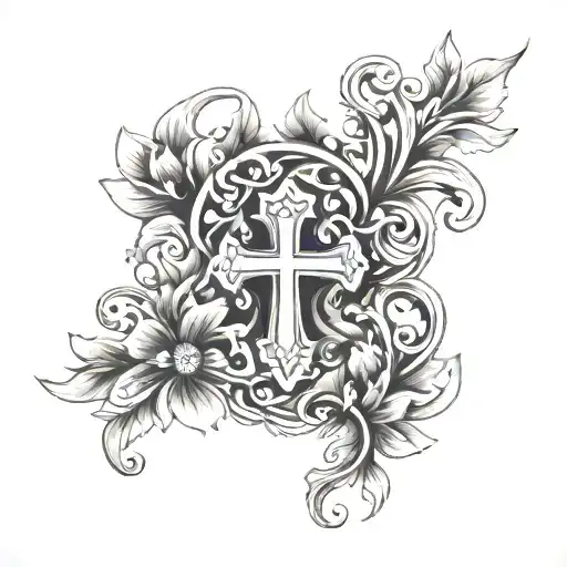 under-chest tattoo with floral vines design and cross tattoo design idea