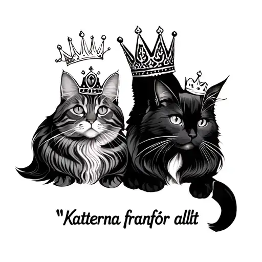 "Katterna framför allt" One long hair cat with stripes and one black cat, both wearing crowns tattoo design idea