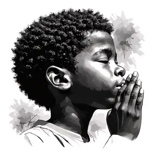 African American young boy with small Afro praying with eyes closed looking completely right side  tattoo design idea