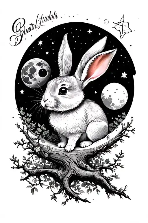 bunny on a moon lunar phases tree of life tattoo design idea