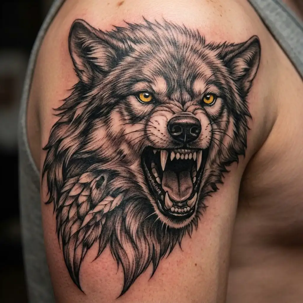 realistic extremely angry wolf tattoo for forearm tattoo design idea