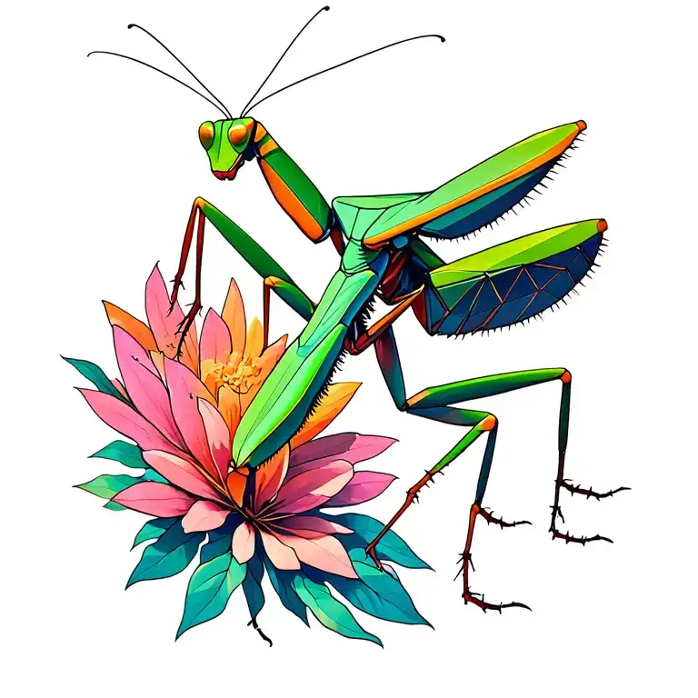 praying mantis humoristic colorfull geometric tattoo design idea