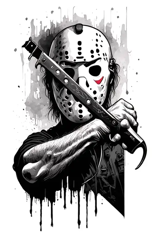 jason from friday the 13th on the forearm with shadow effects and machette tattoo design idea