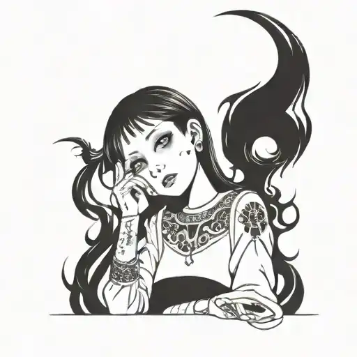 Black And White Anime Girl Character horror gothic Junji Ito Style  tattoo design idea