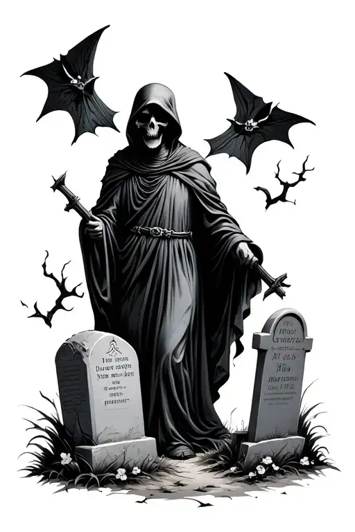 Graveyard scene with tombstones and grim reaper tattoo design idea