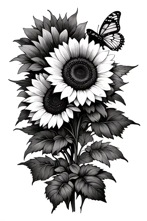 sunflowers with cardinal landing and butterfly tattoo design idea