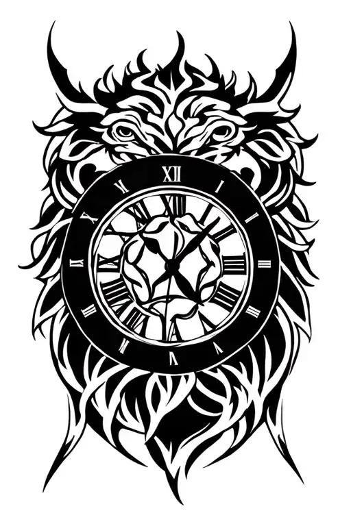 clock face rose intertwined lion head tattoo design idea