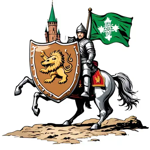 knight on half horse  with ginger bread shield holding czech lion flag behind him green tower tattoo design idea