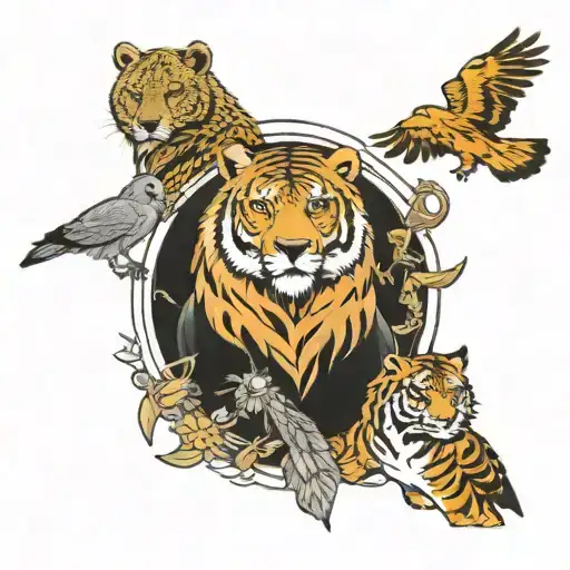 peregrine falcon bear and tiger surrounded tattoo design idea