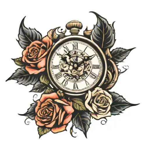 clock pointing to 4 roses tattoo design idea