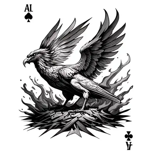 Phoenix rising from the ashes with poker cards tattoo design idea
