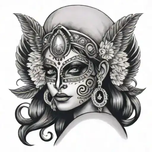 indian lillith godess with mask of skull  and white eyes tattoo design idea