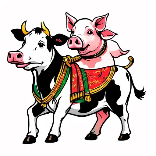 cartoon cow riding cartoon pig tattoo design idea