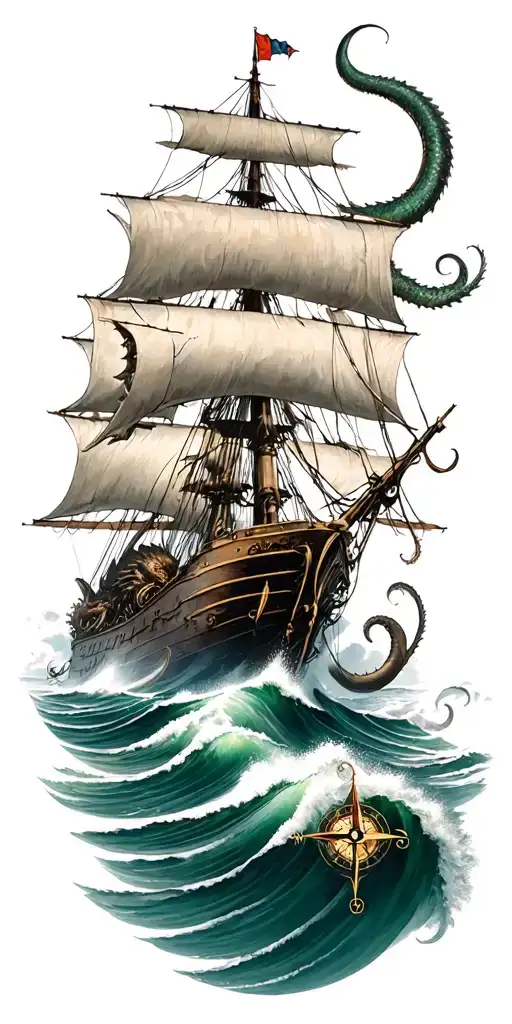 posejdon, kraken attacking a ship sailing through stormy seas, vintage compass tattoo design idea