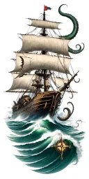 posejdon, kraken attacking a ship sailing through stormy seas, vintage compass tattoo design idea