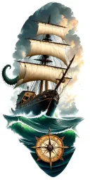 posejdon, kraken attacking a ship sailing through stormy seas, vintage compass tattoo design idea
