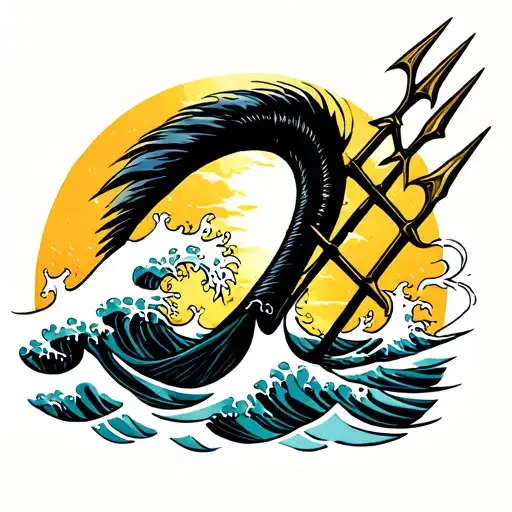 Black Barbados trident and waves crashing tattoo design idea