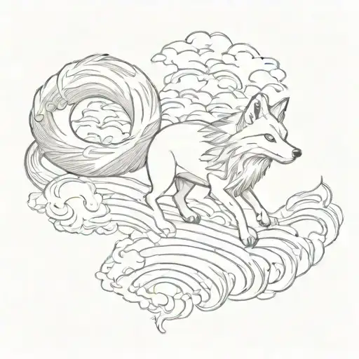 9 tailed fox, walking down to hill, surrounded by japanese clouds,shown full body from top, ukiyo-e tattoo design idea