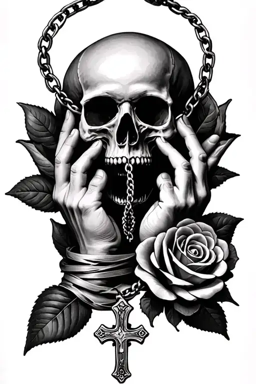 praying hands with cross necklace wrapped around it and rose and skull  tattoo design idea
