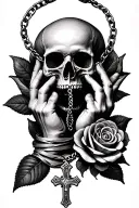 praying hands with cross necklace wrapped around it and rose and skull  tattoo design idea