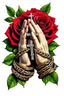 praying hands with cross necklace wrapped around it and rose and skull  tattoo design idea
