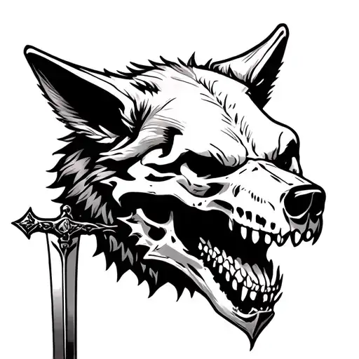 jackal head with a bear skull periced by a dagger in the jackals mouth  tattoo design idea