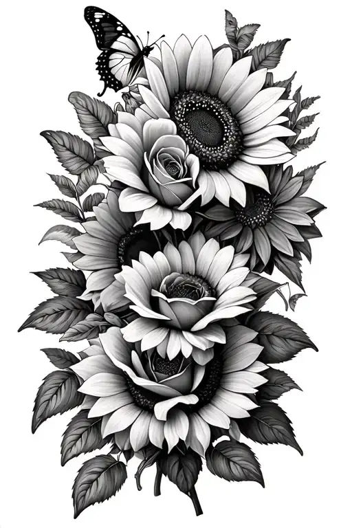 butterflies roses sunflowers long greens stems tattoo design idea