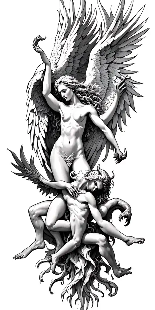 angels fighting devil sunshine cross tattoo design idea