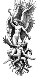 angels fighting devil sunshine cross tattoo design idea