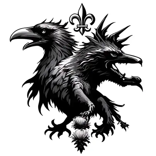 viking longship, odin's raven perched, fleur de lis, lauburu, iberian wolf, welsh dragon, scottish thistle tattoo design idea