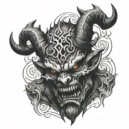 horned demon holding black upsidedown cross tattoo design idea