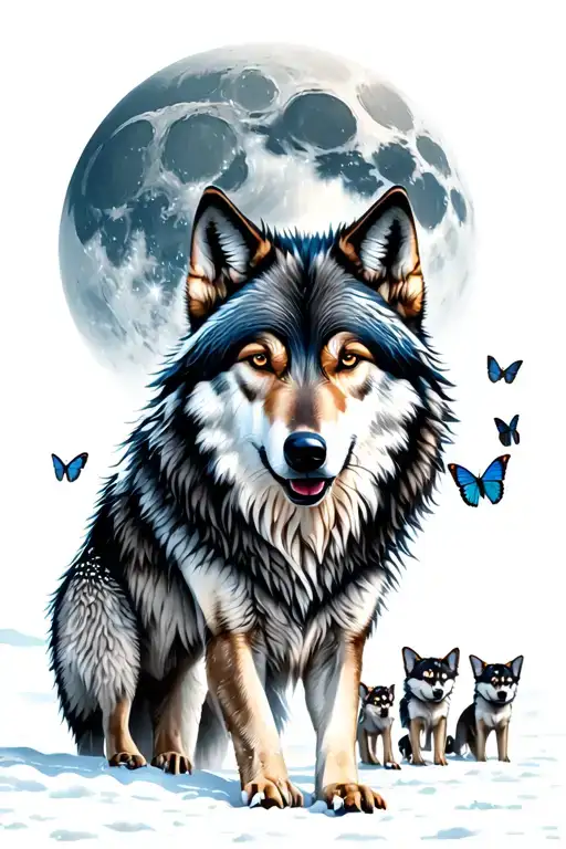 mama wolf and 6 wolf pups, butterflies, and 8 sets of wolf pup tracks in the snow howling at the moon tattoo design idea