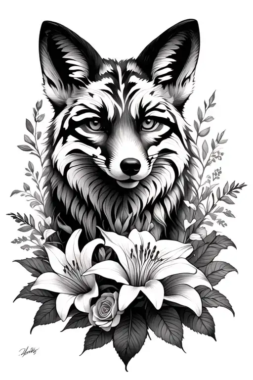 fox surrounded by tiger lilies and roses growing tattoo design idea