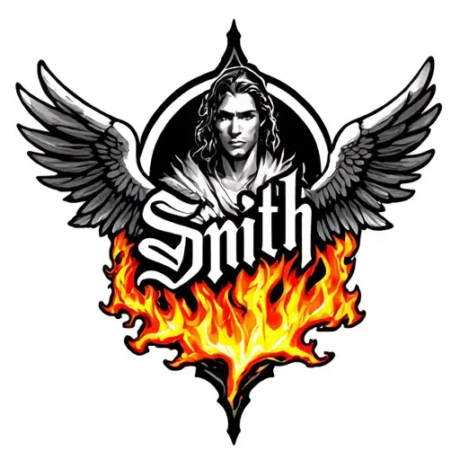 name smith with wings on the side and fire comig from uderneath tattoo design idea