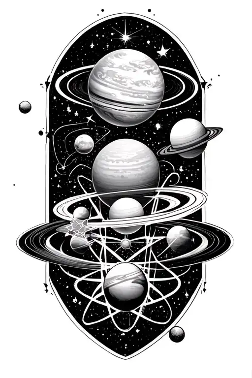 Nautical star compus with planets and an Atom strucuture tattoo design idea