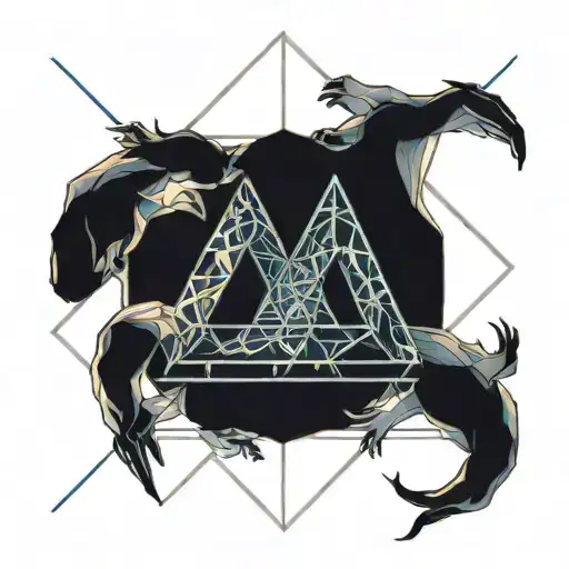 mysterious Gemini brothers facing each other holding a pearl with a blue geometrical triangle tessellation behind them  tattoo design idea