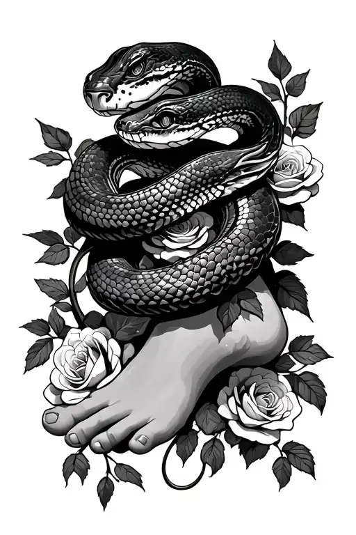 snake on top of left foot, with climbing roses wrapped around leg tattoo design idea
