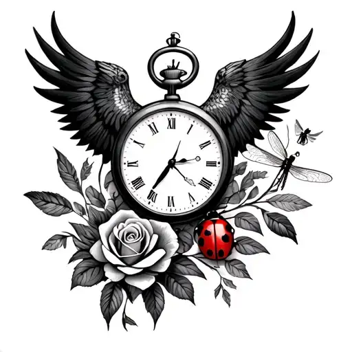 phoenix, rose, dragonfly, ladybug, stop watch tattoo design idea