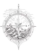 large compass surrounded by intricate geometric mountains and waves, black and white tattoo design idea