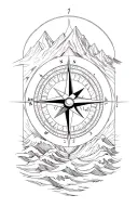 large compass surrounded by intricate geometric mountains and waves, black and white tattoo design idea
