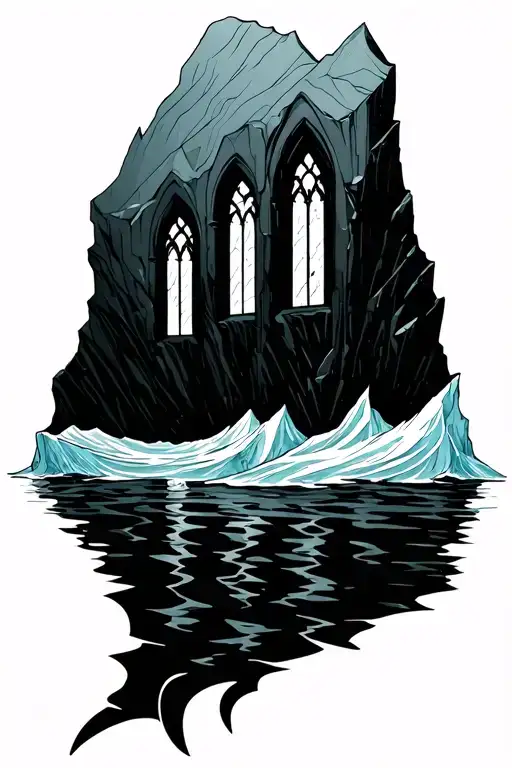 Minimalist fine-line tattoo, iceberg above sea, submerged part made of 3 inverted gothic windows (pointed arches downwar tattoo design idea