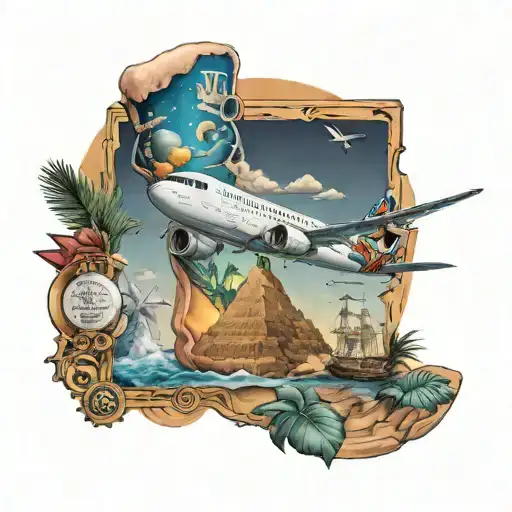 Men’s leg with Egypt, Norway, Spain, France, Germany and Caribbean islands and airplane and cruise tattoo design idea