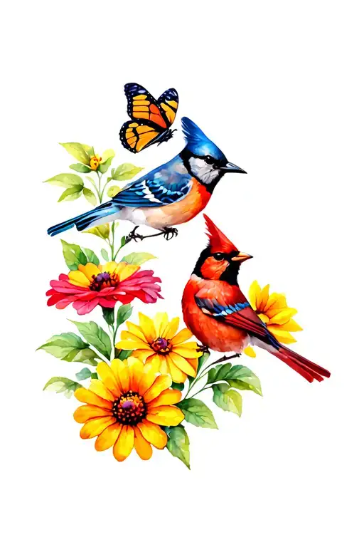 black eyed susan, marigold, blue jay, cardinal, monarch butterfly, humming bird, tattoo tattoo design idea